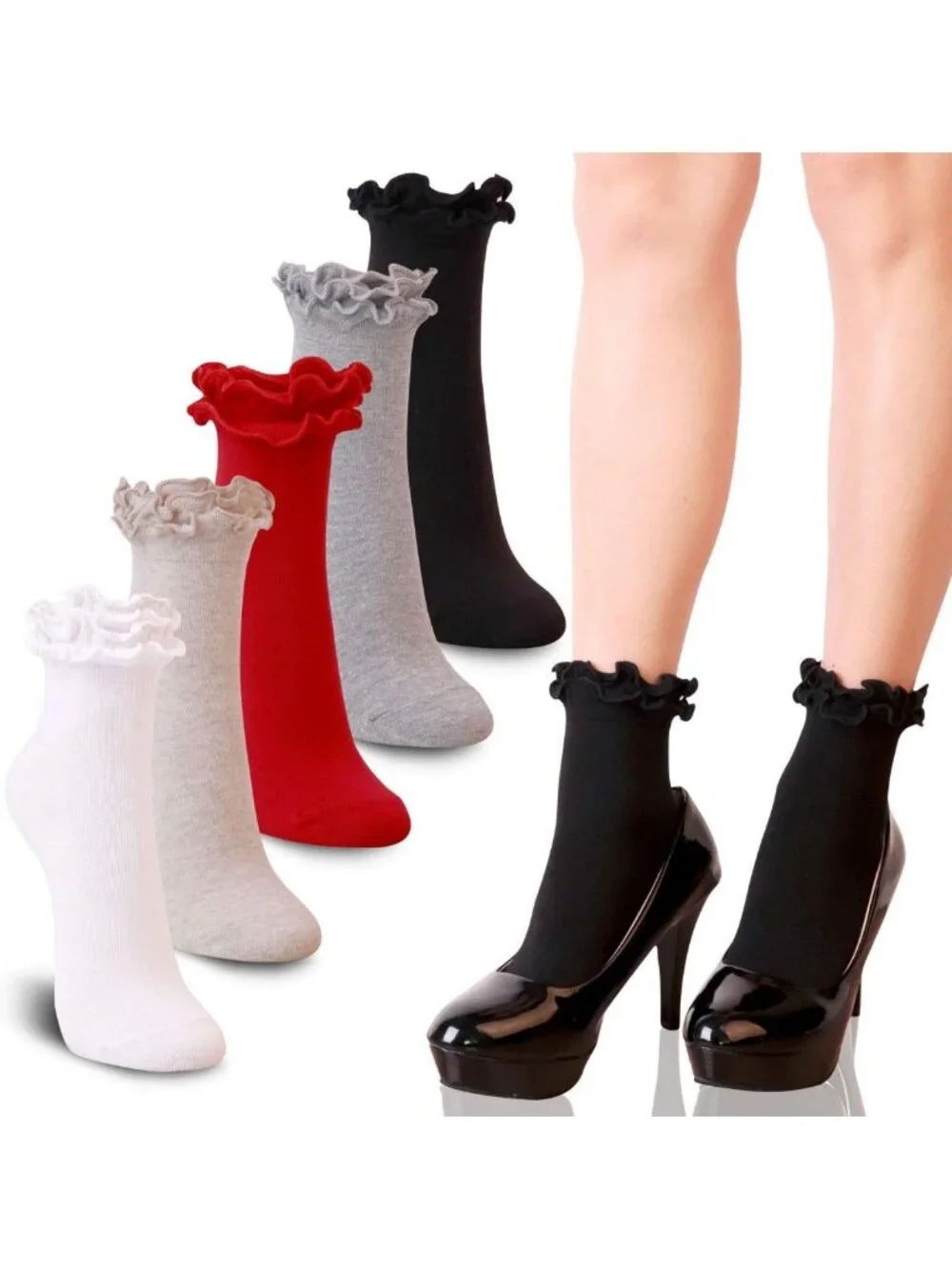Women's Double Ruffle Ankle Crew Socks - Cotton Lace Trim, Pack of 3/5
